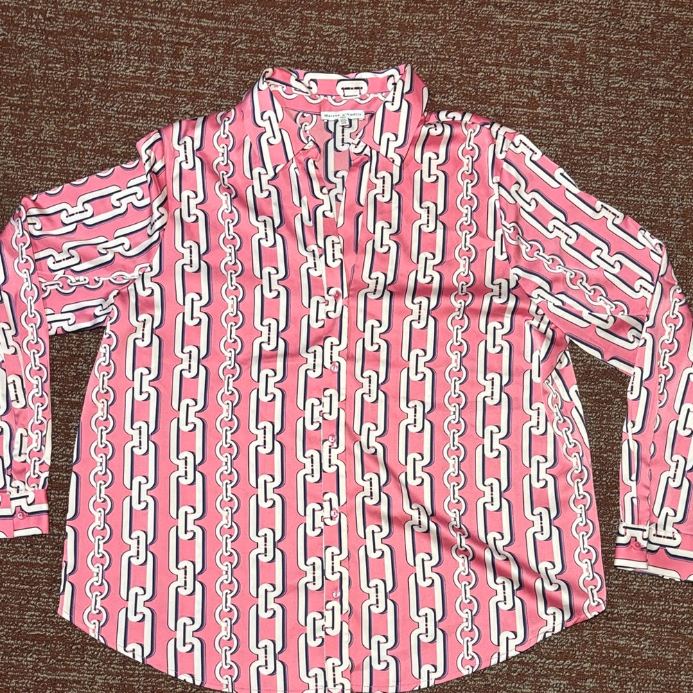 Maison d’ Amélie button down blouse pink Cuban chain link silky v veck - Picture 3 of 15